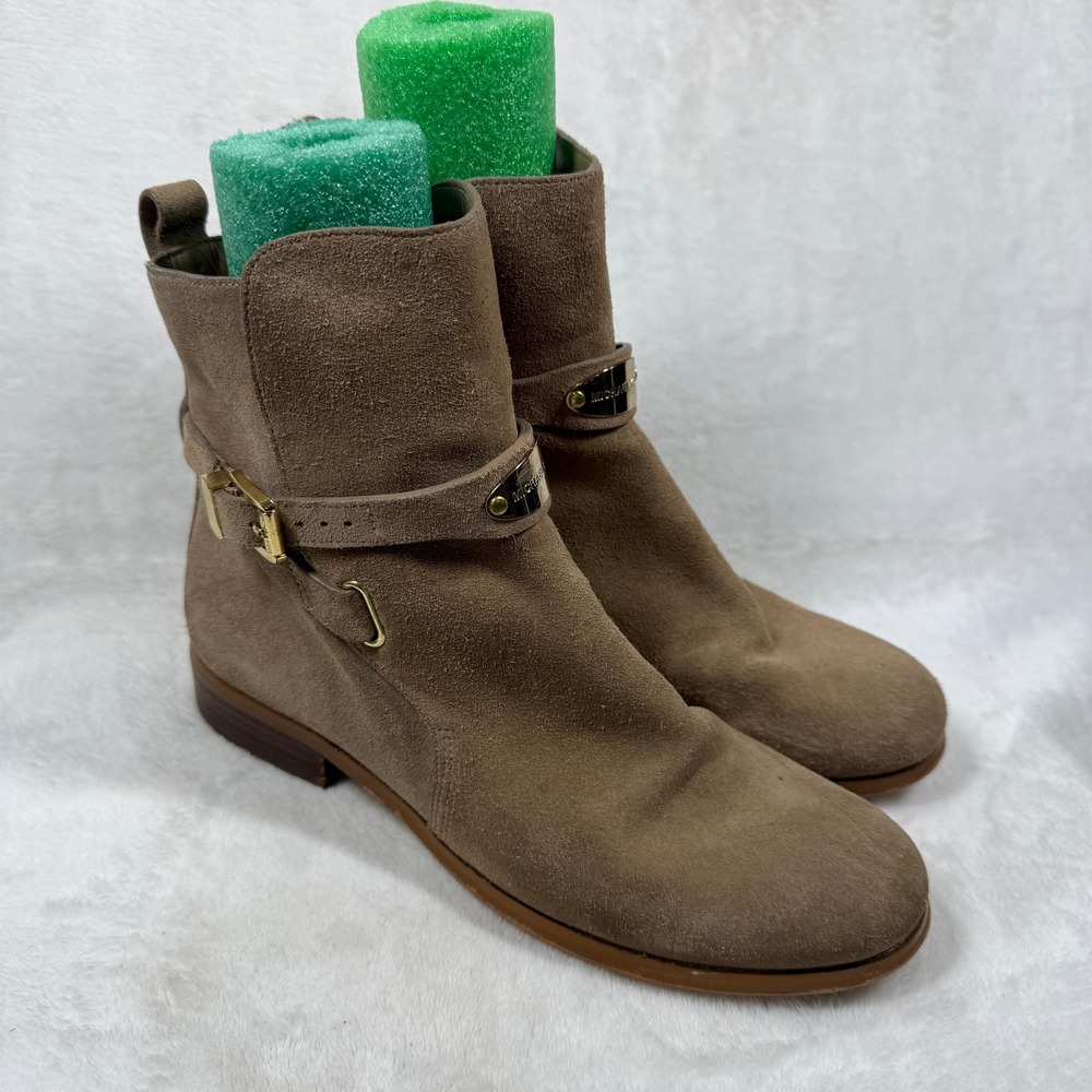 Michael Kors Womens Taupe Suede Buckle Ankle Boots Gold Logo Plate 7.5